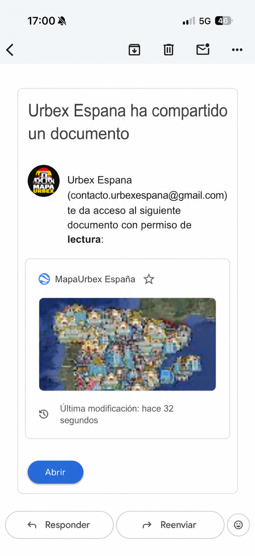 El correo recibido: Urbex España te comparte el mapa, con el botón Abrir.